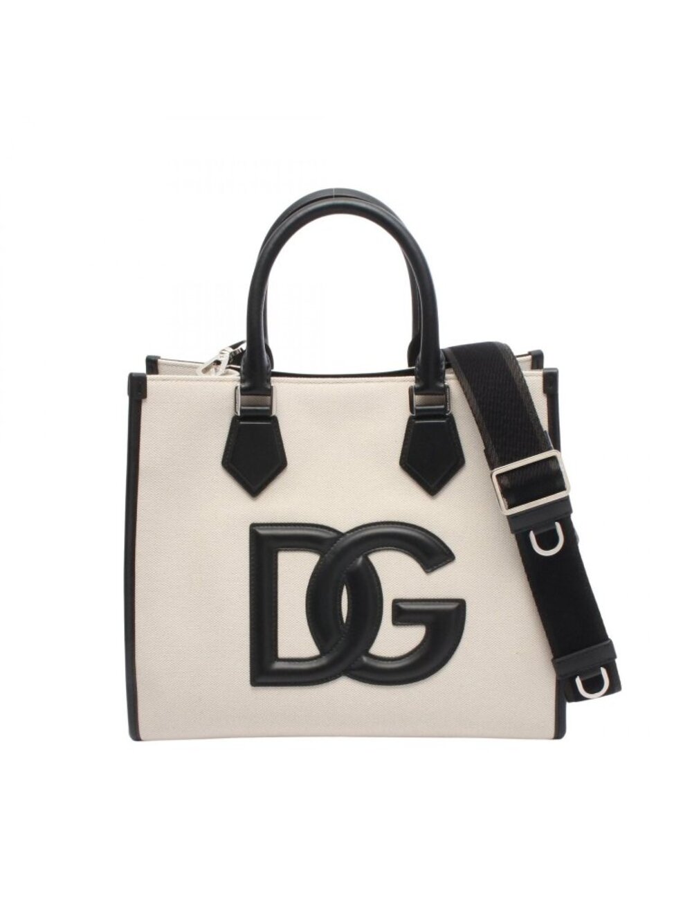 Dolce & Gabbana Tote DG Logo 2-Way Natural Black Canvas Leather Handbag